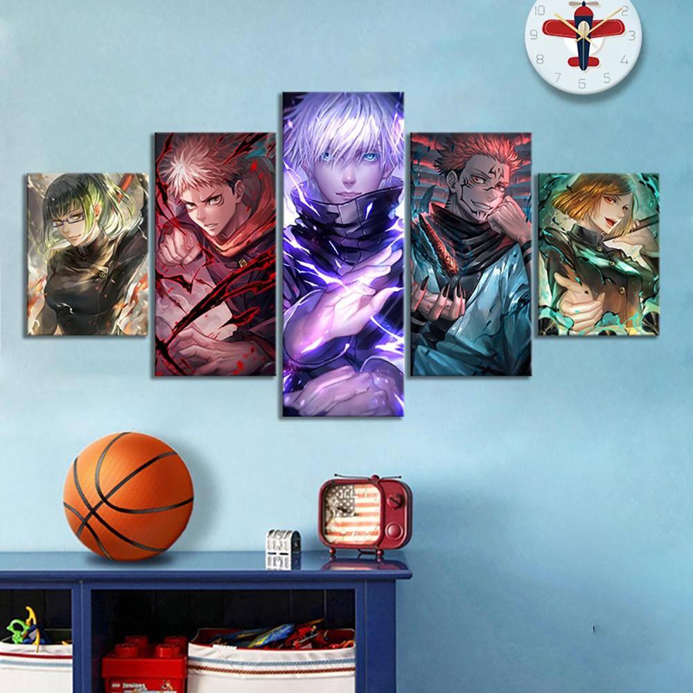 5 Panels Canvas Art Wall Animation Poster Painting Jujutsu Kaisen Fanart Living Room Picture Prints HD Modern Home Decor Mural