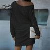 Women Evening Dress Shiny Sequin Slant Neck One Shoulder Three Quarter Sleeve Loose Above Knee Mini Dress Prom Party Dress