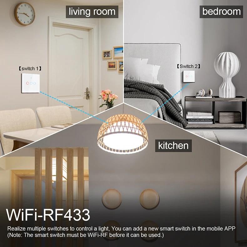 EU/US Smart Switch Alexa RF433 No Neutral Tuya Control Works With Google 1/2/3 Gang Smart Life Home Light WiFi Touch Switches