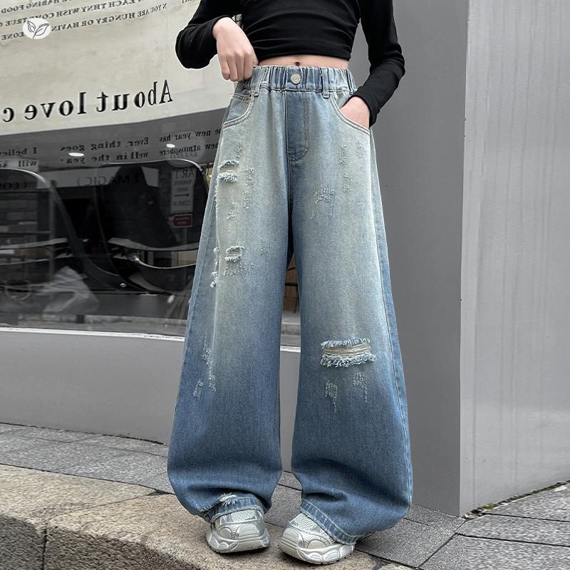 Girls Ripped Distressed Jeans Baggy Wide Leg Pants with Stretchy Waist Gradient Denim Pants for Kids Children Age 5-14Y