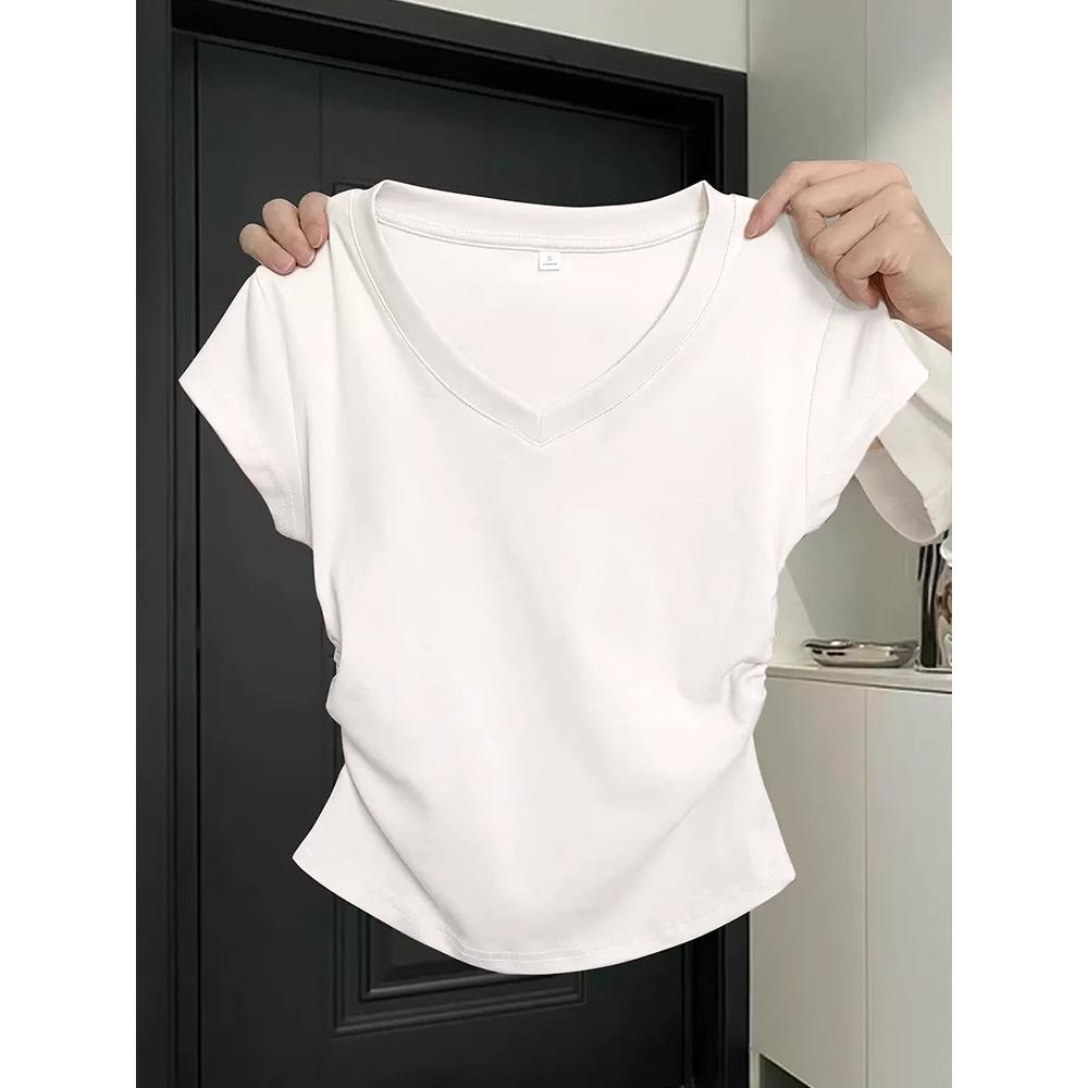 Cotton Blue Shoulder Short Sleeved T-shirt for Women In Summer, Slim Fit and Stylish, Pleated Waist Cinching Short T-shirt Top