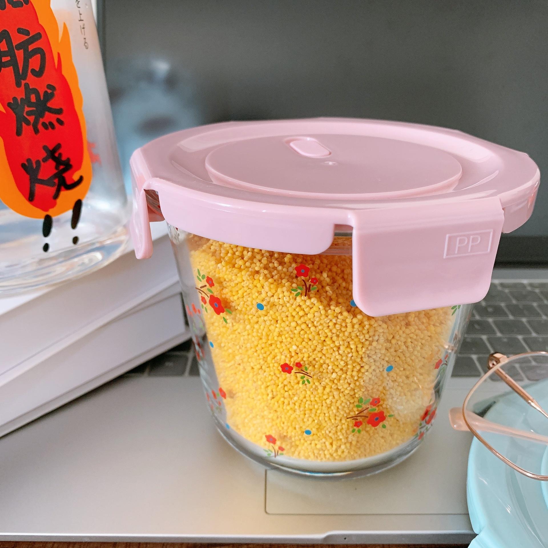 

Круглые миски для хранения в корейском стиле с цветочным принтом, термостойкая посуда из боросиликатного стекла, переносная симпатичная коробка для бэнто 5 inch розовый