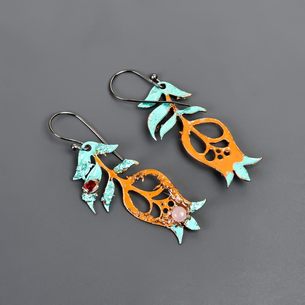 Rose Quartz Stone Silver Plated Hook Multi Electroformed Dangle Drop Earrings V-96