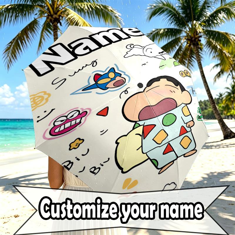 Custom Name Personalized Crayon Shin Print Umbrella, Auto Open Close, 8‑Rib Sturdy Frame, Commute Camping Hiking Use, Birthday Gift