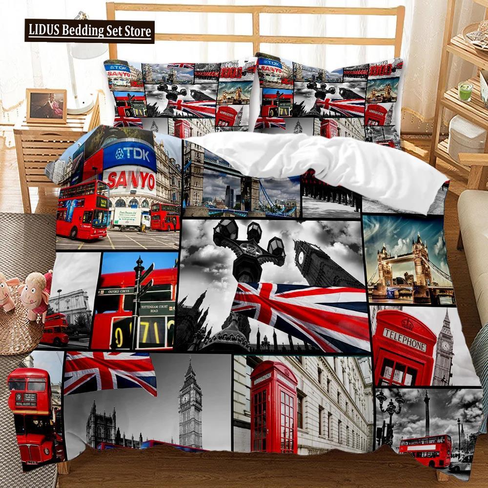 UK London Style King Queen Duvet Cover British Elements Bedding Set For Teens Adults London Bridge Big Ben Polyester Quilt Cover