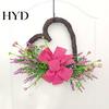 Romantic Door Wreath Heart Shaped Rattan Artificial Flowers Grapevine Branch with Burlap Rustic Bow for Valentine's Day Front Porch Home Wall