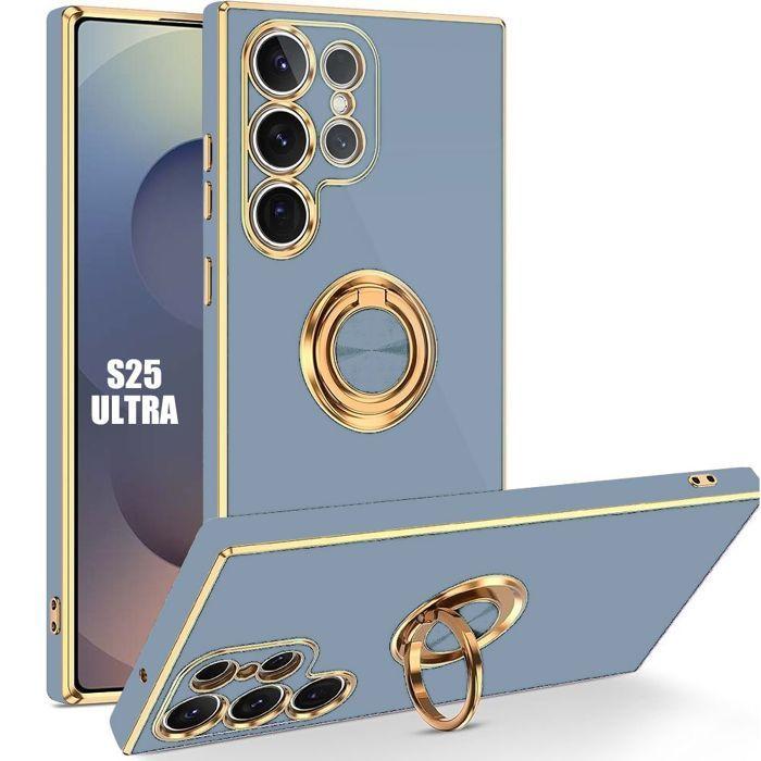 Coque pour Samsung Galaxy S25 Ultra - Protection Silicone Souple avec Anneau Rotatif - Bleu