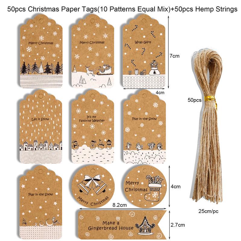 50Pcs Christmas Brown Kraft Paper Gift Tags with Jute And Baker Rope for DIY Xmas Holiday Present Wrap Stamp Navidad Decoration
