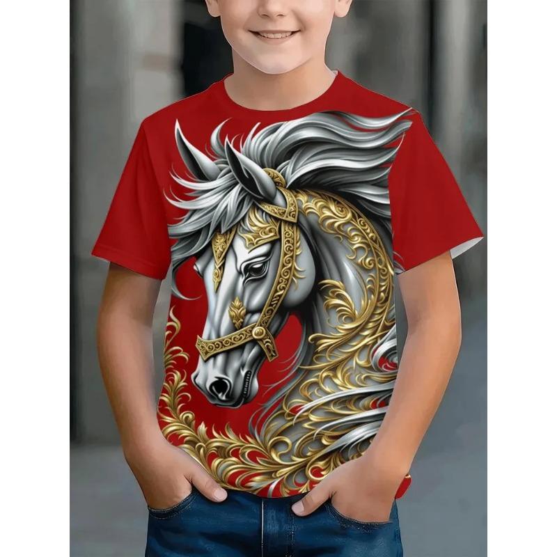 Summer Round Neck Children's Short Sleeved T-shirt Cute Horse Animal Pattern Print Comfortable Fashionable Loose Fitting Girls Boys T-shirt