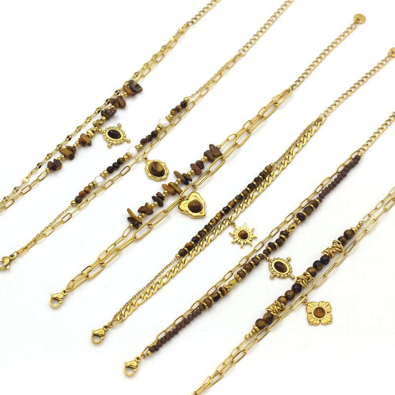 Gold Plated Stainless Steel Tiger Eye & Crushed Stone Beaded Bracelet for Women - Retro Luxury Jewelry