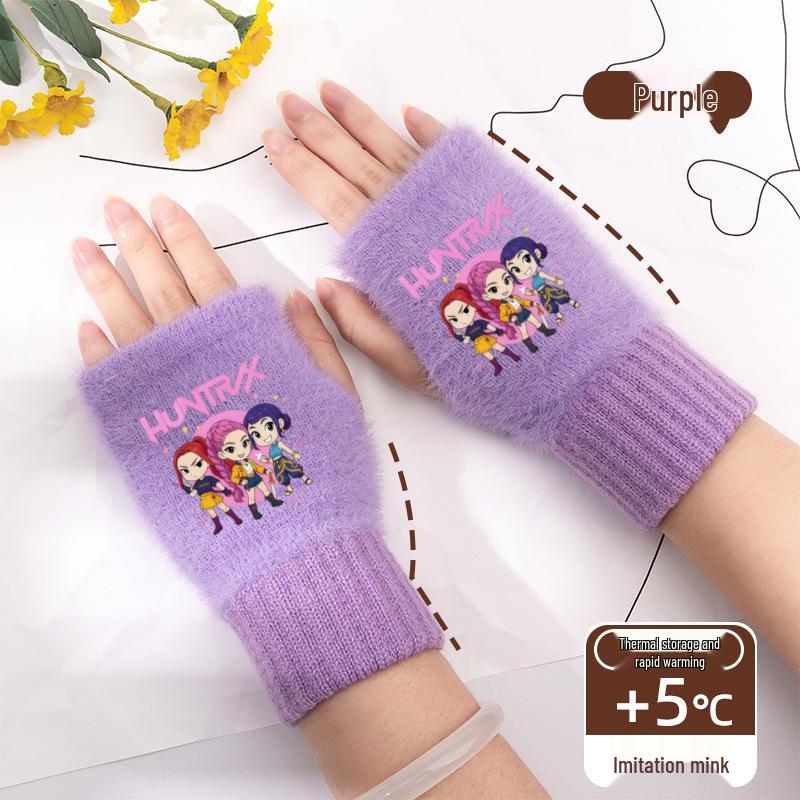 Kpop Women's Fingerless Knitted Gloves - Versatile Warm Plush Autumn/Winter Half-Finger Hand Socks, Solid Color for Students.
