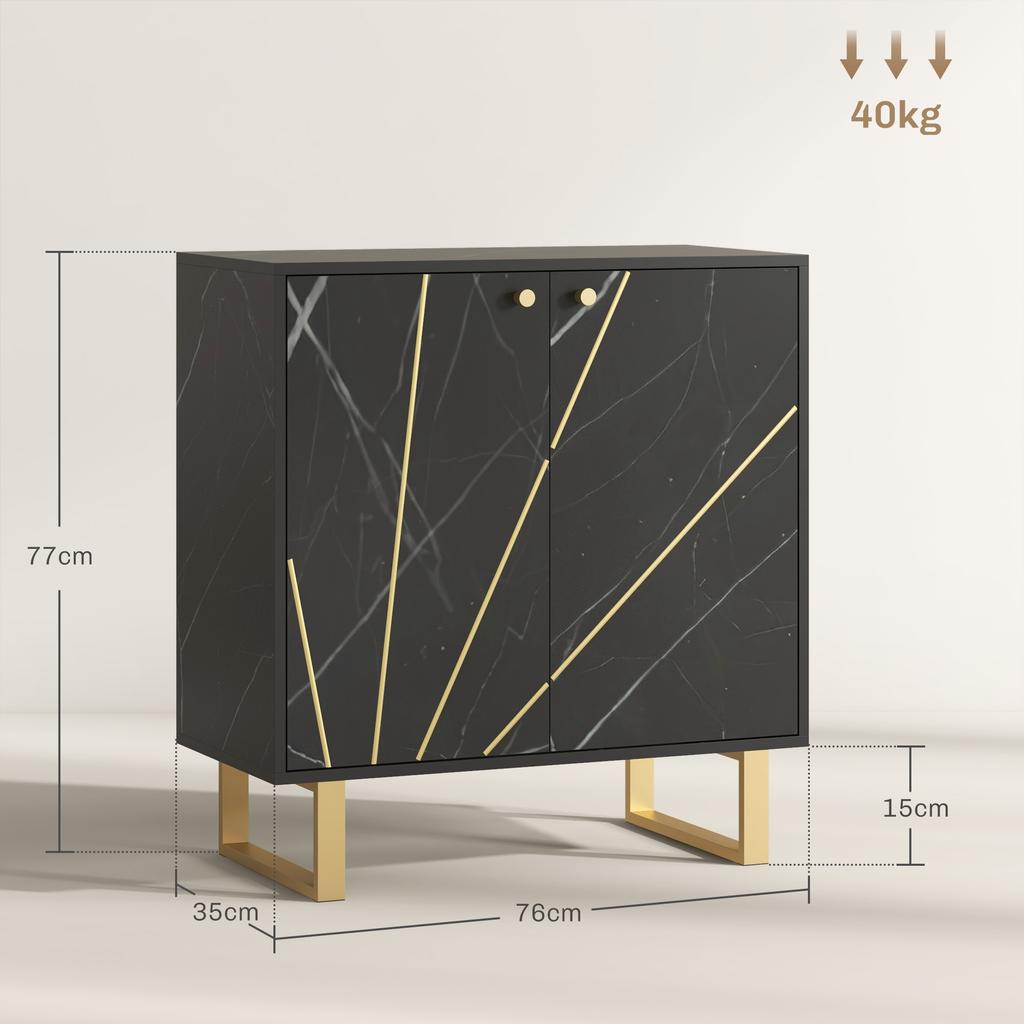Storage Sideboard with 2 Doors and Adjustable Shelf Metal Legs 76 X 35 X 77 Cm Black Marble Tone