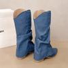 Fashion Fashion Pointed Toe Cowboy Boots Women Spring Autumn Thick High Heels Mid Calf Boots Woman Slip On Denim Western Botas Female