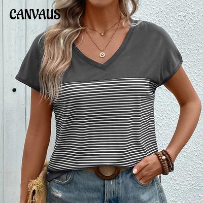 Zomer Dames T-shirt V-hals Gestreept Patchwork Korte mouwen Tops