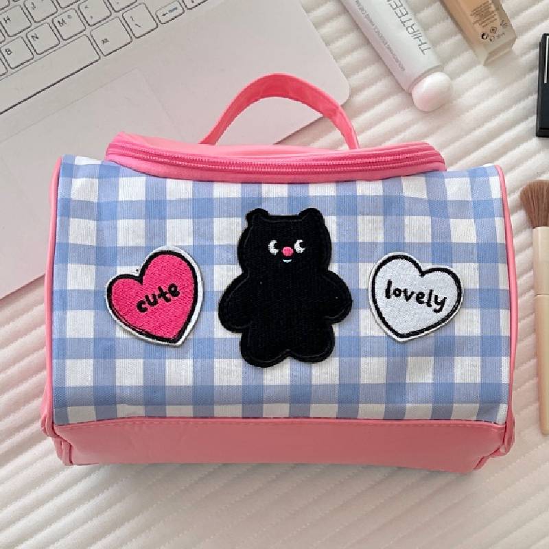 

Женская косметичка с рисунком медведя, клетчатая, с крапинками, большая вместимость, для хранения, туалетный набор синий