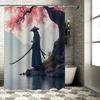 Elegant Samurai Shower Curtain - Japanese Art Design Waterproof Bath Decor With Pink Cherry Blossom Easy To Install And Maintain