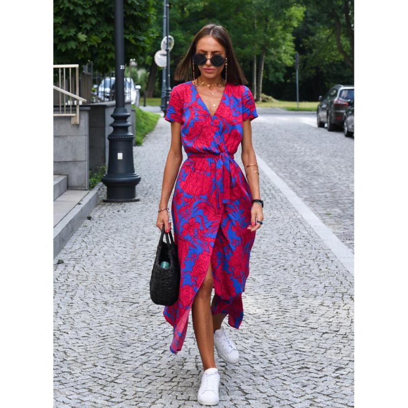 2026 European & American Women s Summer V-Neck Print Tie-Up Dress S