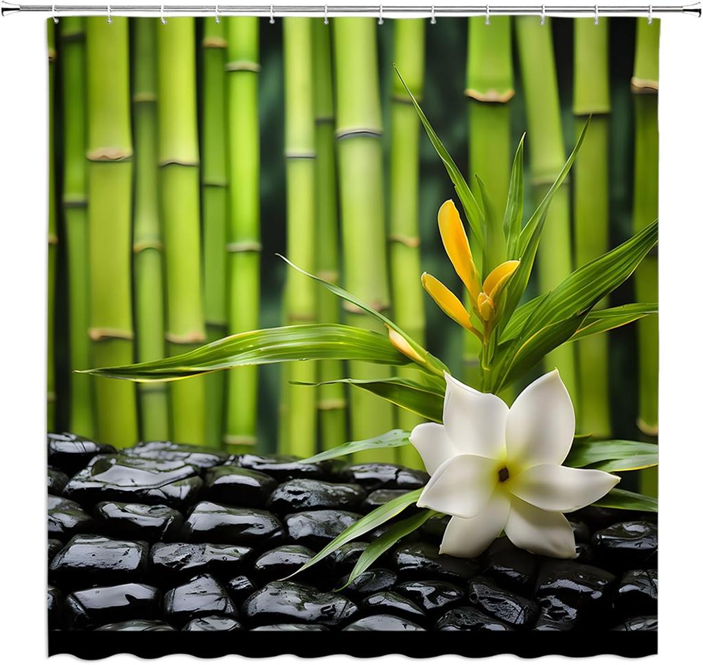 Bamboo Shower Curtain Green Bamboo Forest Tree Japanese Asain Art Rustic Wild Nature Plant Scenic Watercolor Fresh Spa