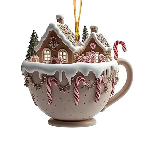 Ornement Tasse à Café Maison Acrylique Neige Maison en Pain d'Épice Ornement Arbre de Noël Décoration de Fête pour Arbre Porte-Clés Sac à Dos
