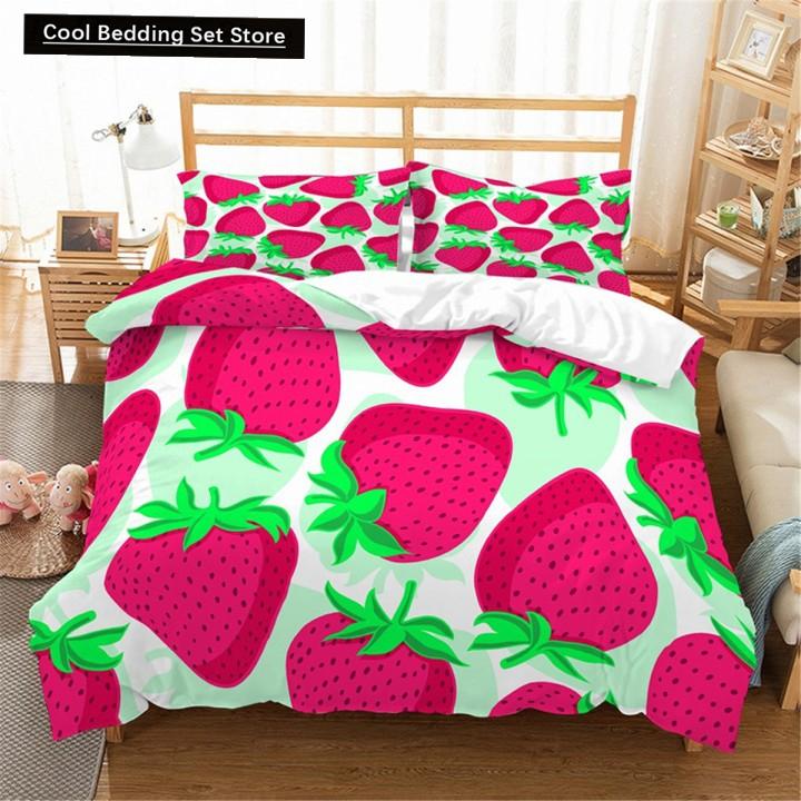 Red Strawberry Cute Bedding Set 3D Pink Lovely Summer Fruit Duvet Cover King Queen For Kids Girls 2/3Pcs Polyester Quilt Cover