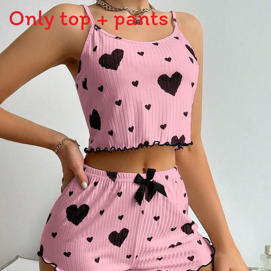 Romantic Heart Print Sleepwear Set With Stretchy Polyester For Young Women