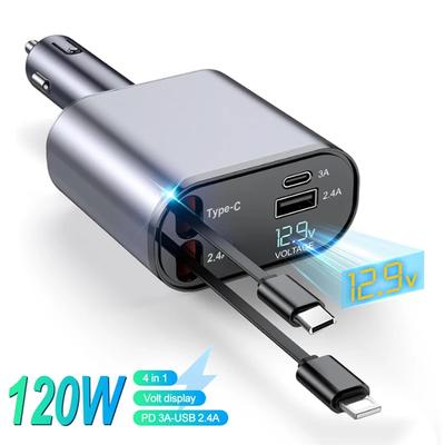 Einziebares Autoladegerät, 4-in-1 Schnelllade-Autoladegerät 120W, Typ C Dual-USB-Anschlüsse Autoladegerät-Adapter für iPhone Huawei LG