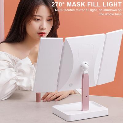 Espelho de maquiagem com 72 luzes LED, ampliação de 1/2/3X, 3 espelhos dobráveis para maquiagem, rotação de 270 graus, dimmer contínuo, espelhos de mesa de beleza