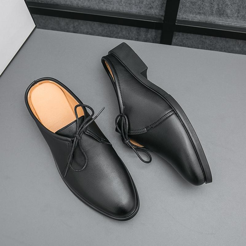 Fashion Classic Summer Man Casual Shoes PU Leather Muller Shoes Breathable Slip on Half Drag Leisure Walk Mens Slippers Soft Lazy Flats