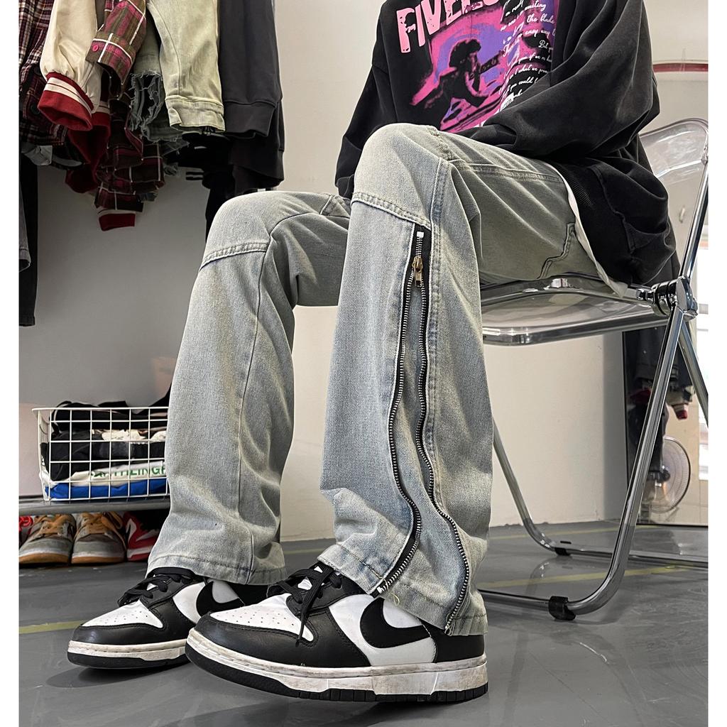 Autumn and winter American high street retro jeans zipper slit design sense thin and tall men's and women's long pants