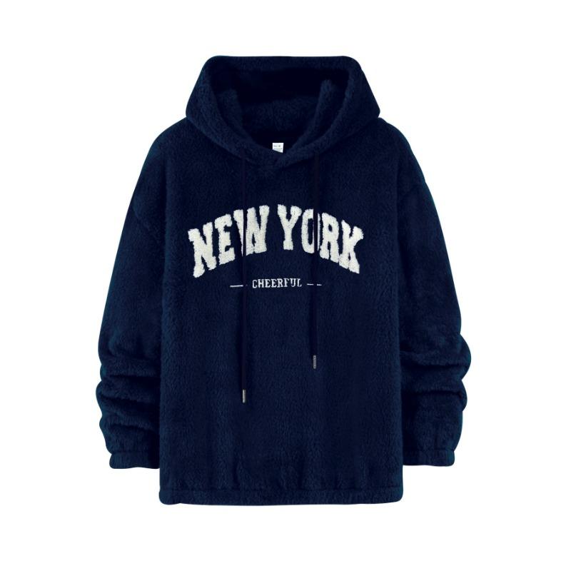 Men's sweater European version of lamb wool loose letter embroidery pocket hooded jacket