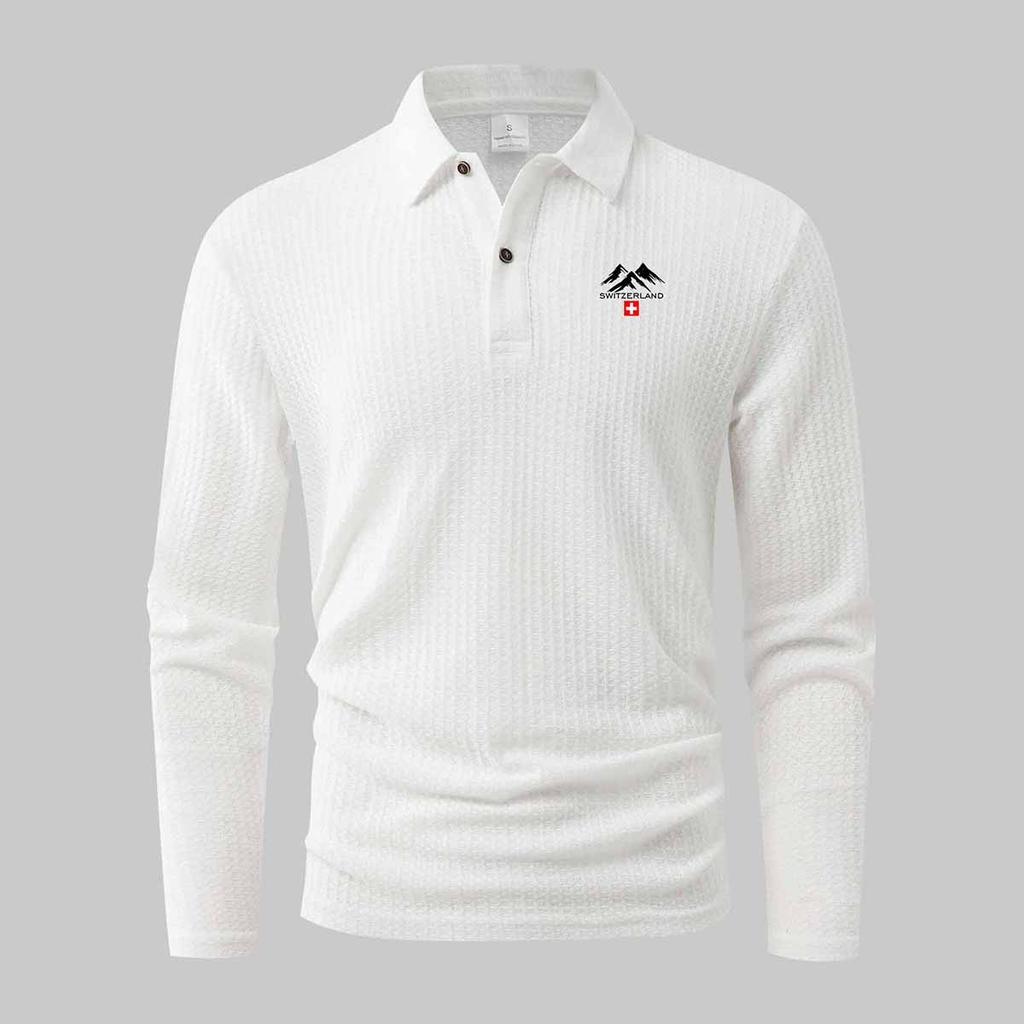 Polo Shirts for Men Switzerland Mountain Print Ribbed Long Sleeve.