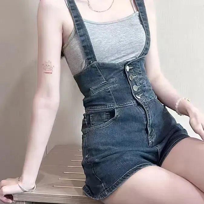Women's Retro High-Waisted Denim Overalls - Sweet & Spicy Style, Versatile Wide-Leg, Slimming Shorts