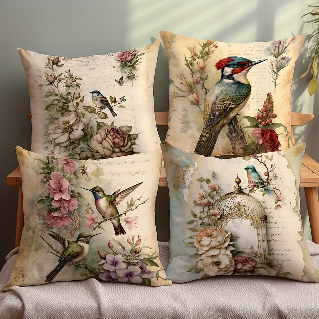 Vintage Bird And Flower Romantic Floral Pillowcasebedroom Living Room Sofa Home Decor Polyester Cushion Cover With Zipper