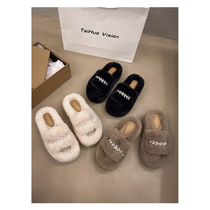 Herfst en Winter Nieuwe Parel Fee Bont Pantoffels Schattig Huis Dikke Zool Senior Bont Pantoffels
