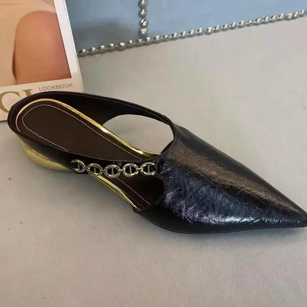 Fashion French Vintage Pointed Toe Metal Chain Toe Mules Women's Outdoor Fashionable Slippers Comfortable Rubber Upper Slip-On Shoes