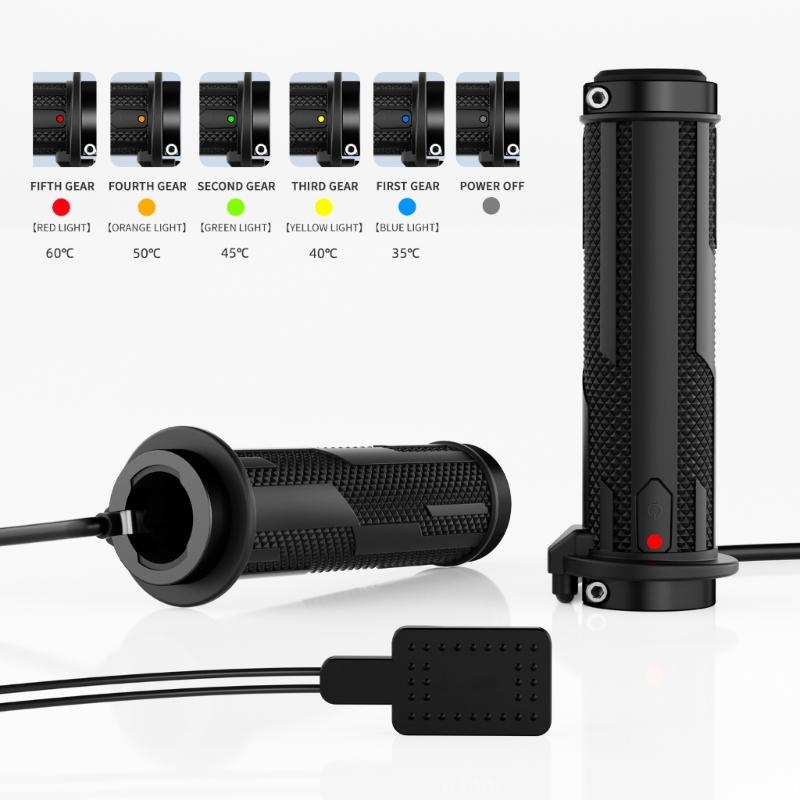 12 V Heated Handlebar Grip Set for Cold-Weather Handlebar Use with 5-Level Control, Previous-Setting Memory, 2-Clamp Structure, and Accessories