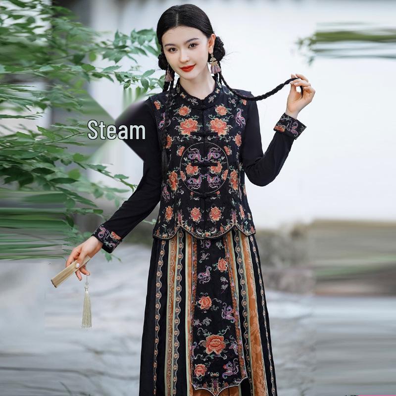 

Весенний этнический стиль женский ретро вышитый цветочный безрукавный жилет куртка L чёрный