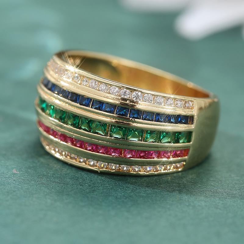 Sparkling Synthetic Multi Color Zircon Wide Rings For Women Vintage Trendy Temperament Banquet Ring Elegant Anniversary Jewelry