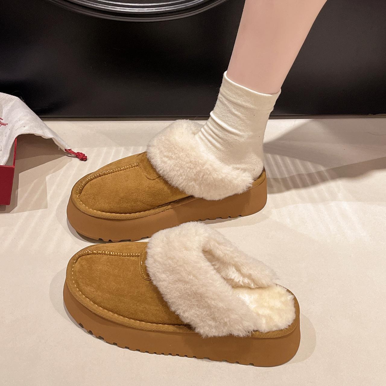 

Тапочки Mao Mao на толстой подошве женские зимние 2024 года с меховым покрытием верхняя одежда с увеличенным верхом из утолщенного бархата зимние сапоги 35 светло-коричневого