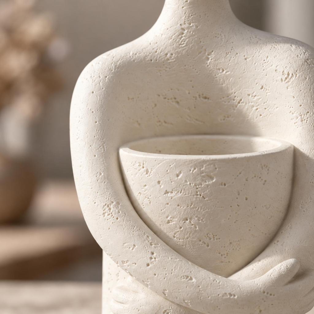 Seated Figure Planter with Attached Bowl Sculptural Abstract Human Compact for Indoor