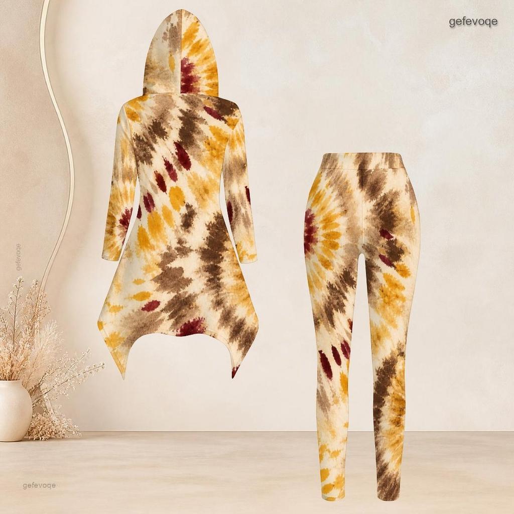 Women Plus Size Hooded Long Sleeve Printed High Low Top Fitted Pants Two Piece Set