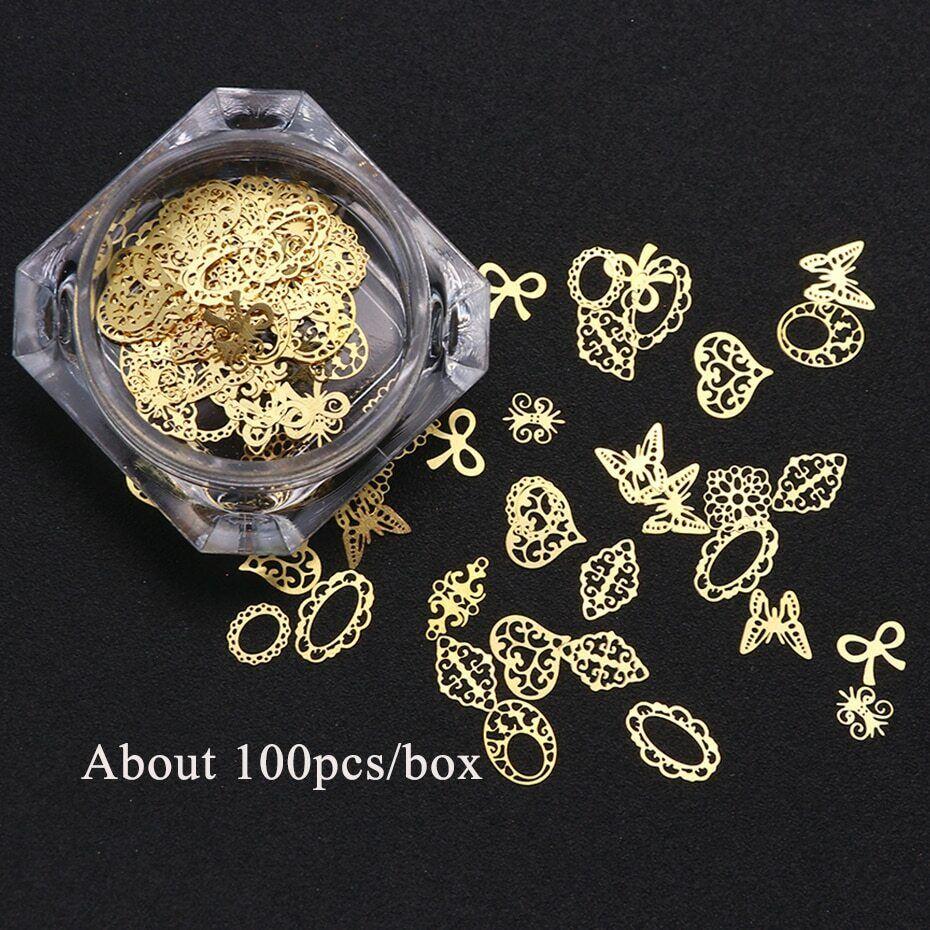 Decorazione vintage con fascino per nail art, paillettes, fiori, farfalle, in metallo dorato, vintage
