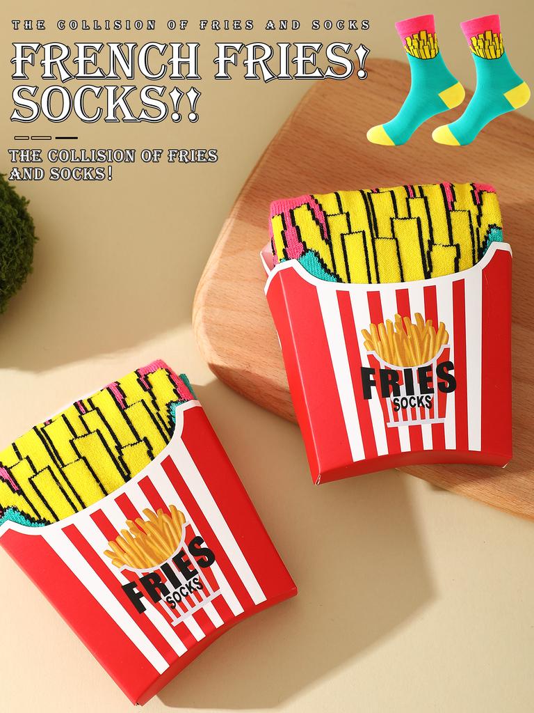 1 Pair of Mid-calf Unisex Socks In a Novelty French Fry Design, a Unique and Interesting Festive gift.Suitable for Easter