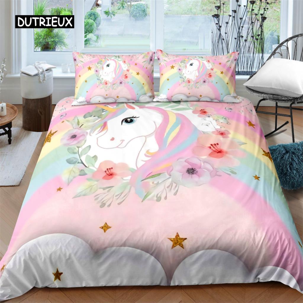 Husă de plapumă Rege Regină Unicorn Desen animat Animal Curcubeu Univers Set de lenjerie de pat pentru copii Adolescenți Cosmic Cer înstelat Poliester Husă de plapumă