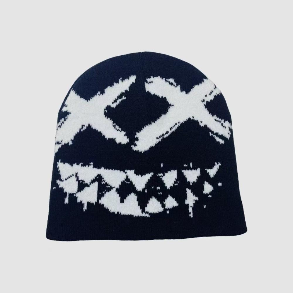 Elastic Y2K Knitted Hat Halloween Black White Pullover Cap Personality Jacquard Woolen Hat  Girls