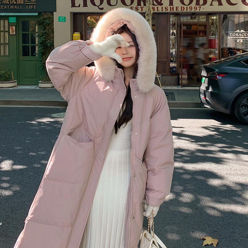 

Большой меховой воротник средней длины и длинная пуховая хлопковая одежда женская новая свободная хлопковая одежда зимняя утолщенная куртка до колен XL розовый