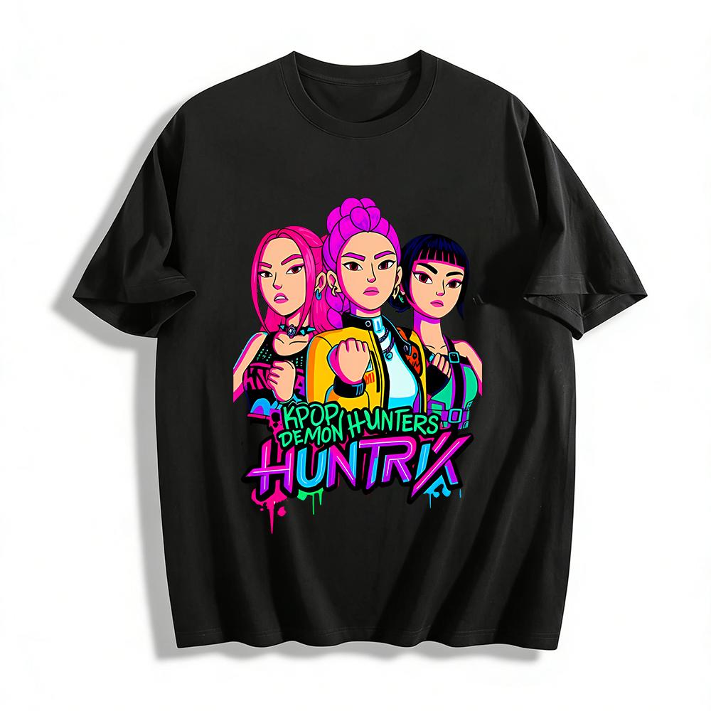 

KPOP Demon Hunters Huntrix Graphic Tee, Cool Anime Style Girl Group Print Casual T-Shirt Pure cotton T-shirt XXS