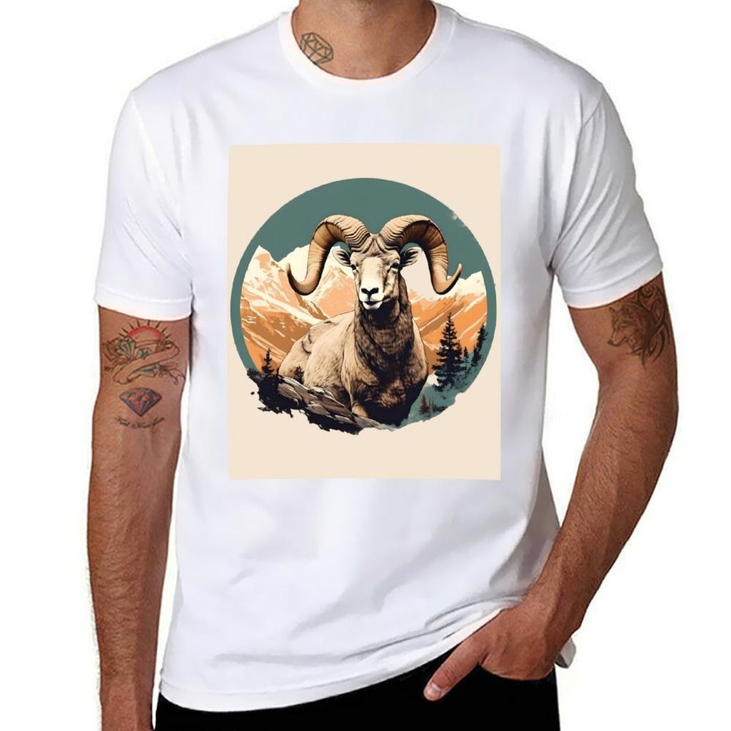 Vintage Colorado Bighorn Sheep Illustration Nature Art Tshirt Classic Crew Neck Cotton Tshirt