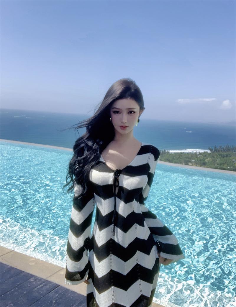 

French Sexy Deep Neck Slim Long Sleeve Wavy Striped Seaside Vacation Knitted Sunscreen Long Dress One Size