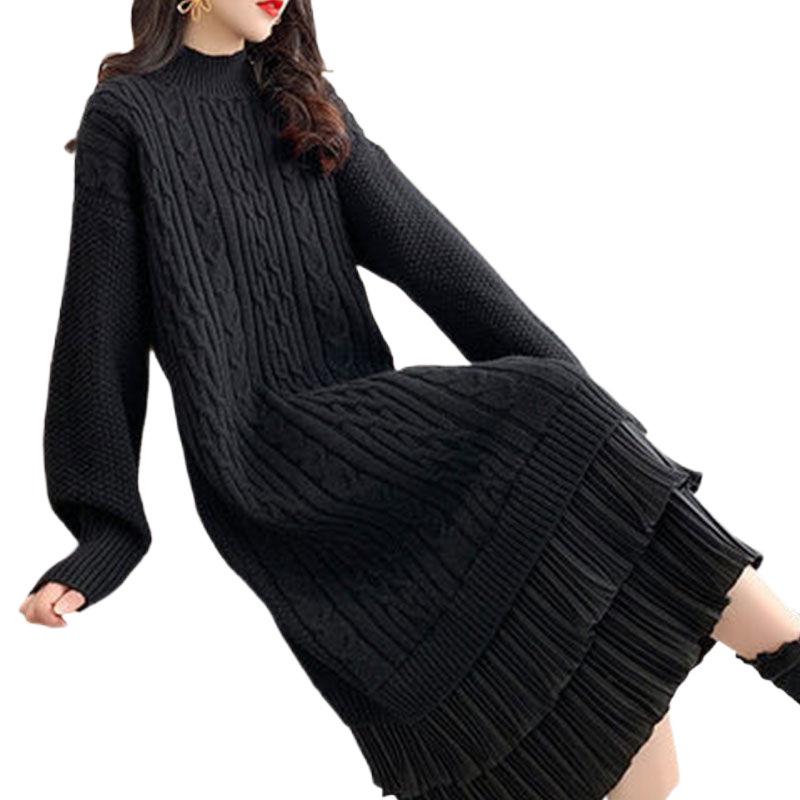 Hrubé vlněné šaty s fleecovou podšívkou: Zeštíhlující, Volný střih, Podzimní/Zimní styl, Perfektní ke kabátům, Pletený krajkový design.